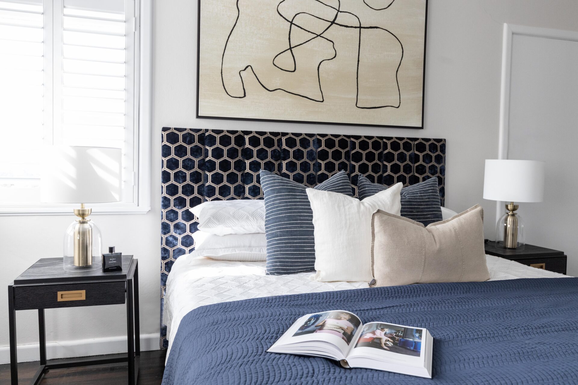 Master Bedroom with navy upholstered bedhead