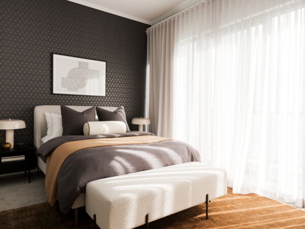 Modern lived-in luxury home design with terracotta and plum palette, layered textiles, statement wallpaper, stone décor and warm ambient lighting for an elegant yet cozy interior.